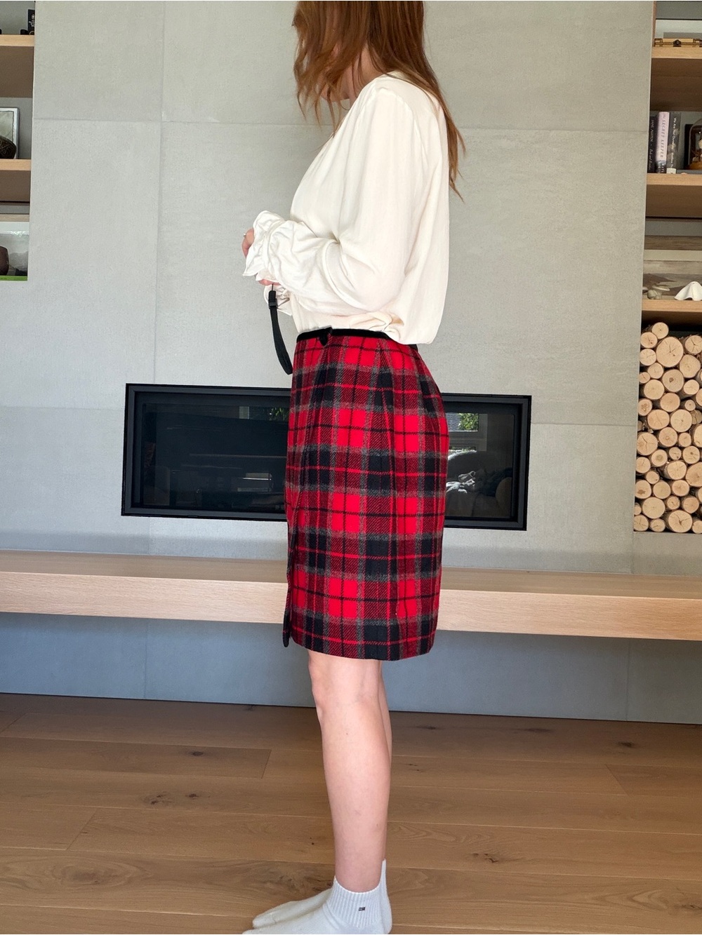 Wool blend vintage Red tartan plaid wrap mini skirt - Picture 4 of 12